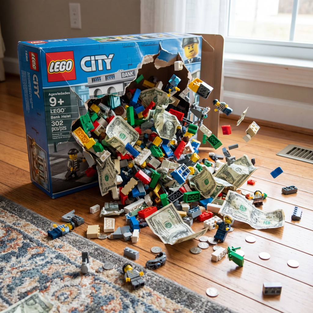 LEGO box spilling bricks and cash